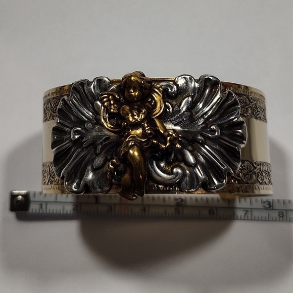 Vintage Sonja Lea Gold, Silver and Brass Tone Cherub Wide Cuff Ornate Bracelet - Picture 1 of 16